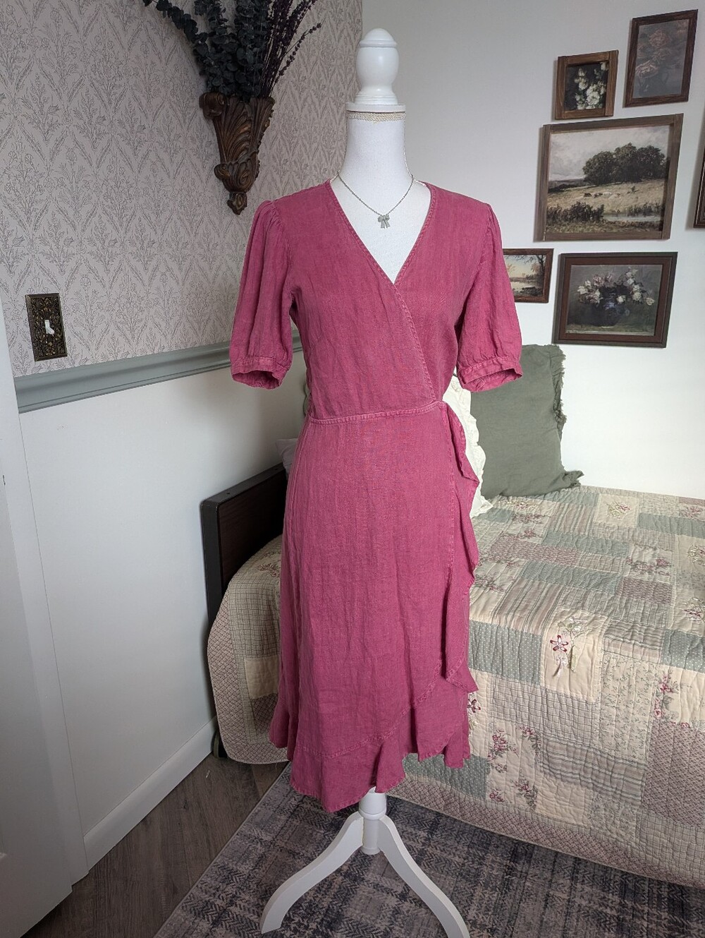 100% Linen Honorine Charlotte Wrap Midi Dress Raspberry Pink S